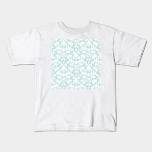 Flourish Damask Ptn White on Lt Teal Kids T-Shirt